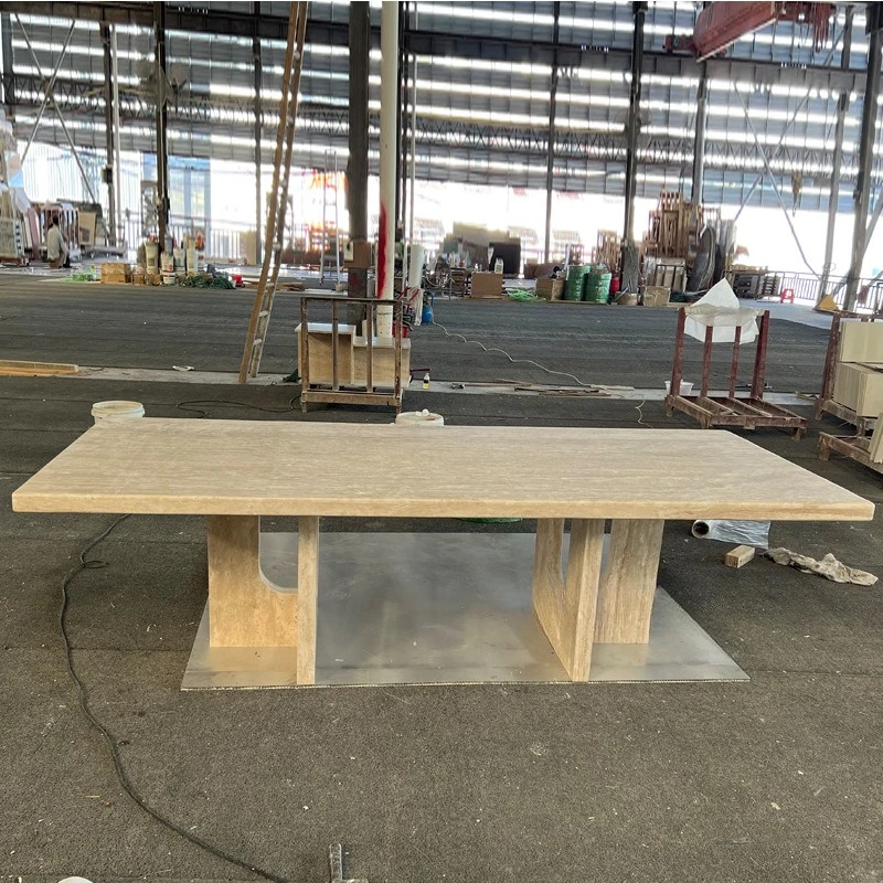 

Natural marble dining table Travertine Italian villa model room Designer dining table