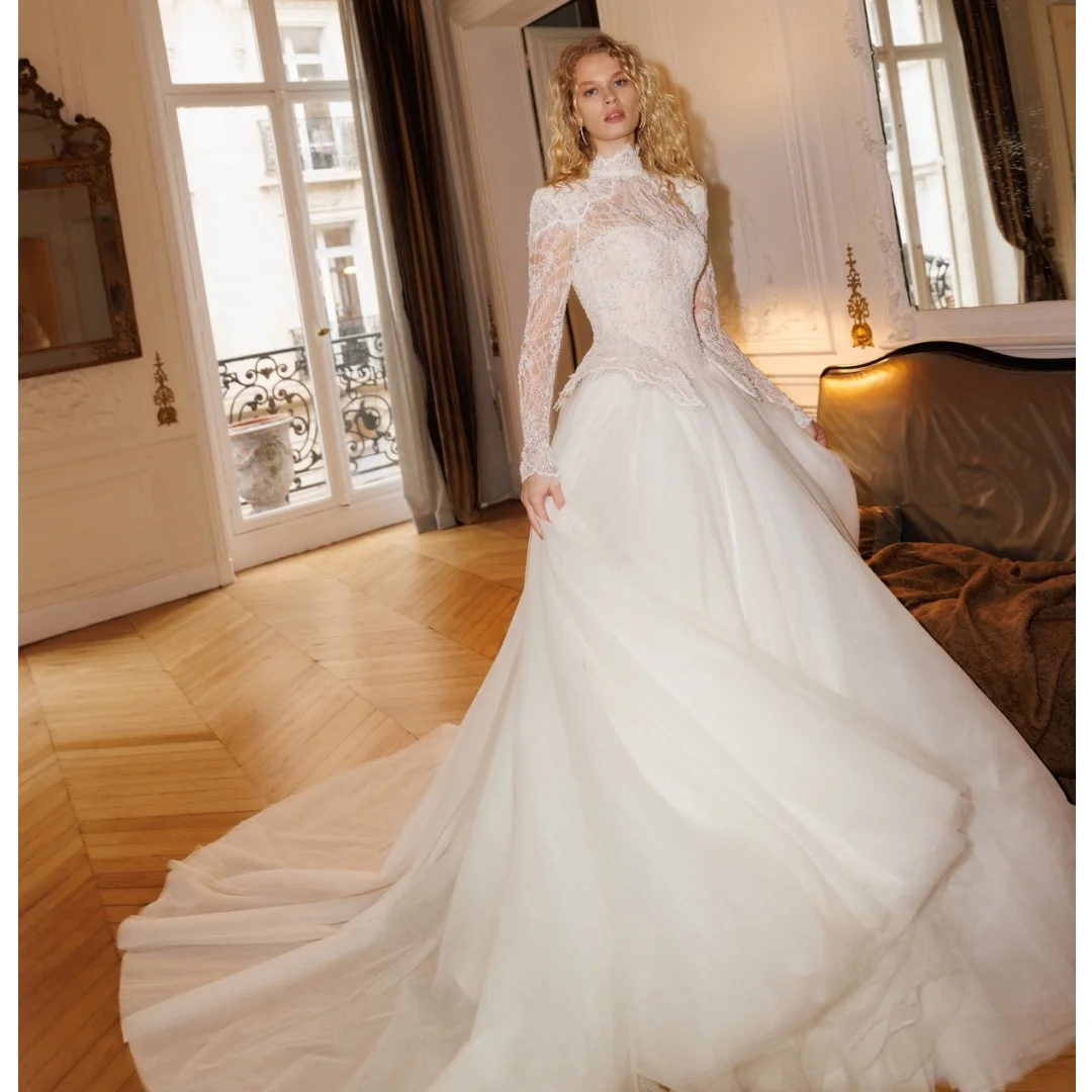 

High Collar Vintage Wedding Dresses Lace Long Sleeves Bridal Gown Plus Size Tulle Boho robe de mariée Customized