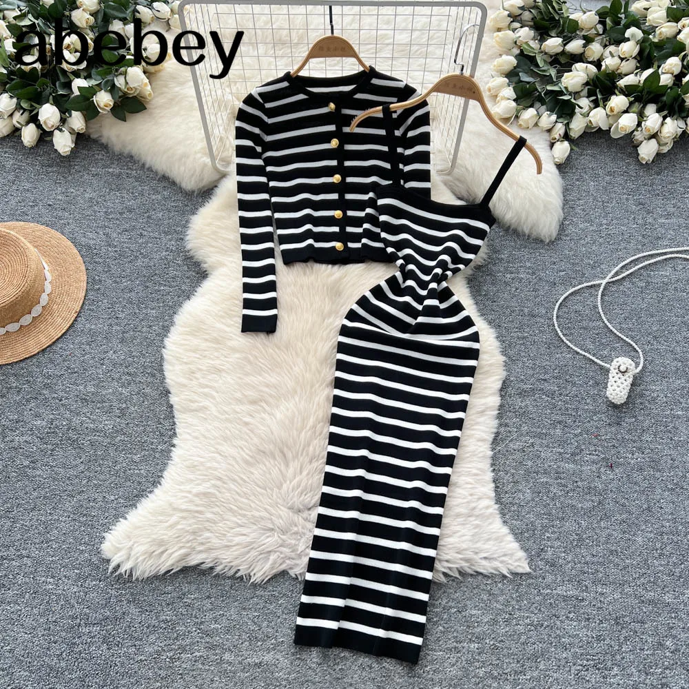 2026 Stripe Casual Two Piece Set Autumn Long Sleeve O Neck Cardigan+Strap Dress Fashion Senior Slim Knit Dress Suits view 6