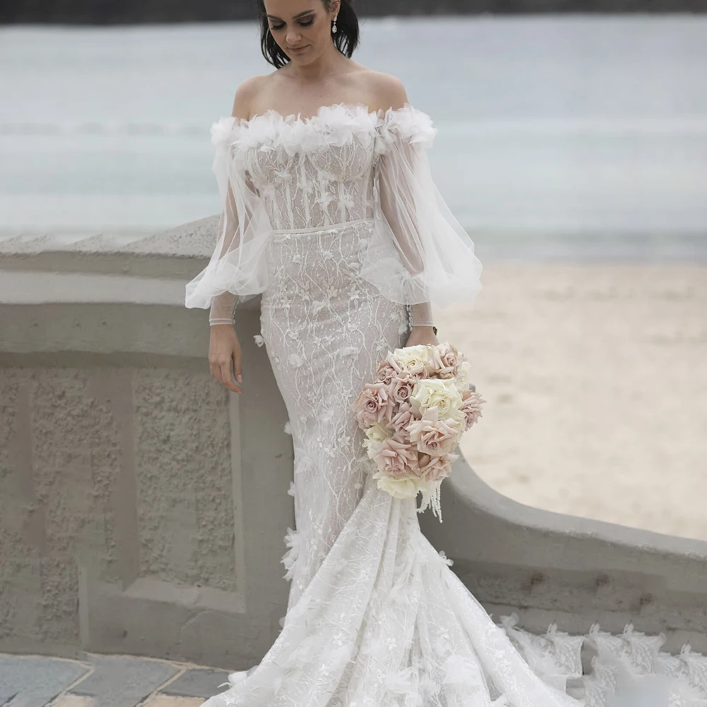 Vestido de boda de lujo con lentejuelas y hombros descubiertos, vestido de novia con escote Corazón, sirena, flores 3D, manga larga abullonada