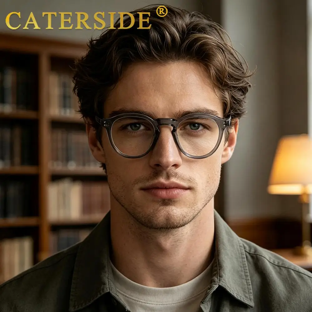 CATERSIDE Modische Herren-Anti-Blaulicht-Brille mit Rundrahmen und Zellulose-Propionat-Bügelspitzen für Damen, Dekorative Brille – Detail 1