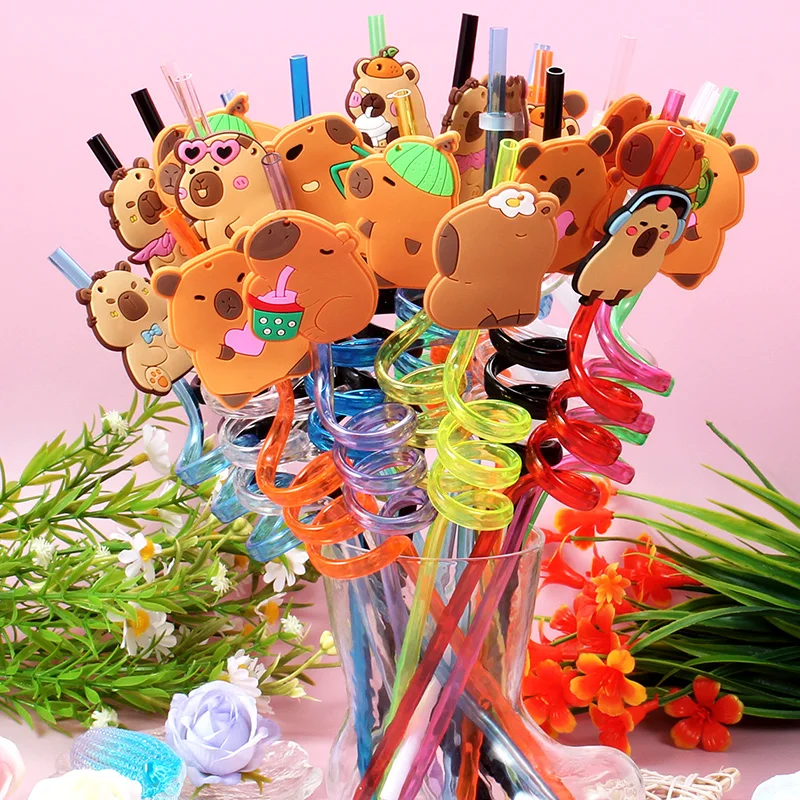 

12 шт., многоразовые спиральные соломинки с изображением капибары, соломинки на тему папируса и ящерицы для украшения, для вечеринки, дня рождения, вечеринки с напитками