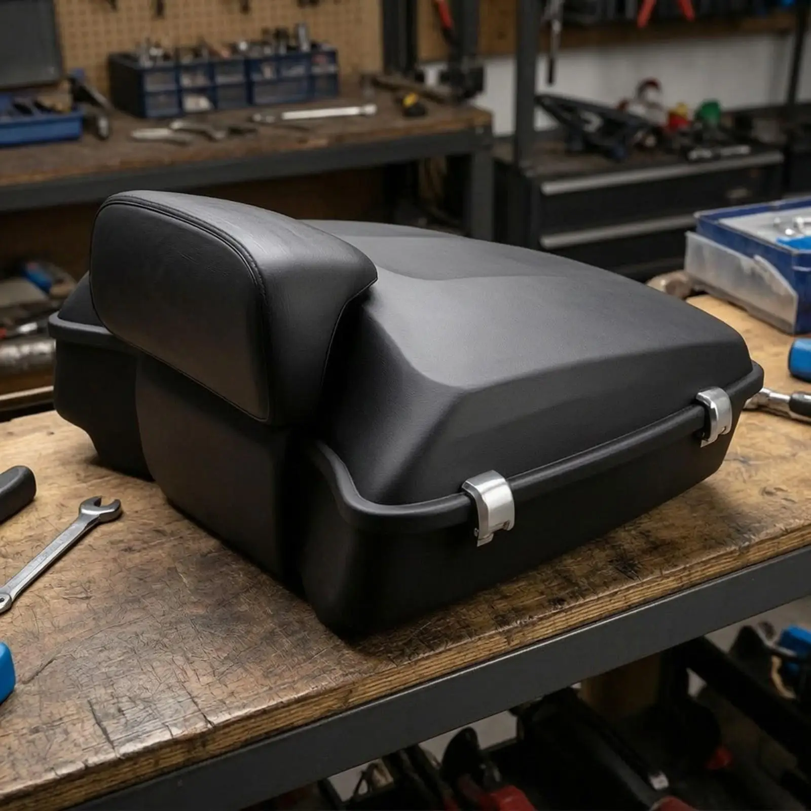 Glossy Black Motorcycle Storage Box with Backrest for Helmet and Commuter Gear