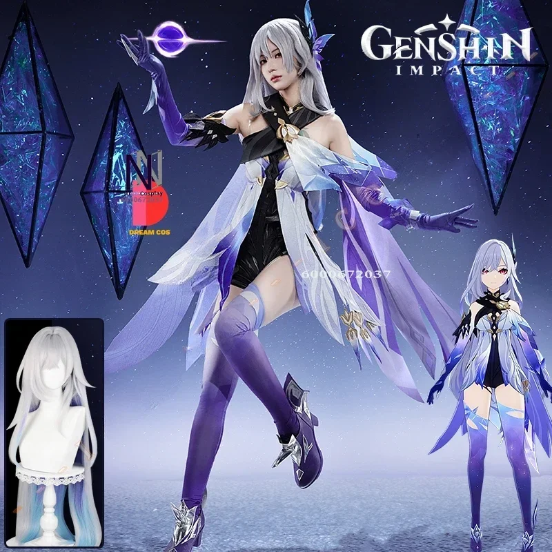 Game Genshin Impact Skirk Cosplay Costume Wig Dress Uniform Swordswoman Headwear Tartaglia's Master Abyss Halloween Party Women