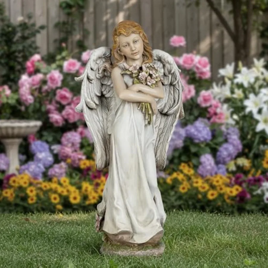 

Outdoor Guardian Angel Statue 19.3 Inches with Flowers Hand Painted Religious Garden Sculpture in White for Home Yard Patio Law