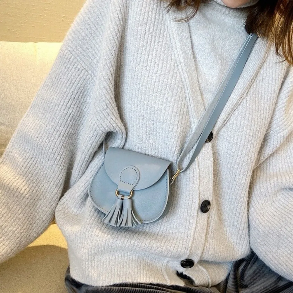 Korean Style Hook Design Mini Kids Bag Tassels Solid Color Princess Purse PU Leather Shoulder Sling Bag Children Girls