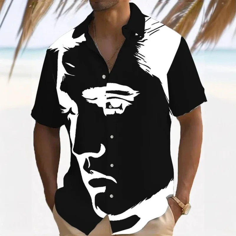 Men's Black White Abstract Face Art Print Short Sleeve Button Down Shirt Casual Summer Beach Vacation Party Tops for Adult Men