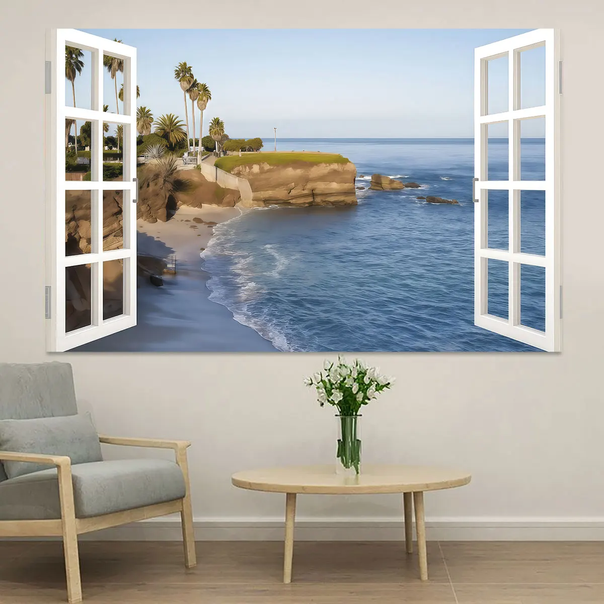 1pc Outside‑Window Coastal Coconut Grove View Simulated Circular Flat PVC Wall Sticker, Art Decor For Living Room Bedroom Fla