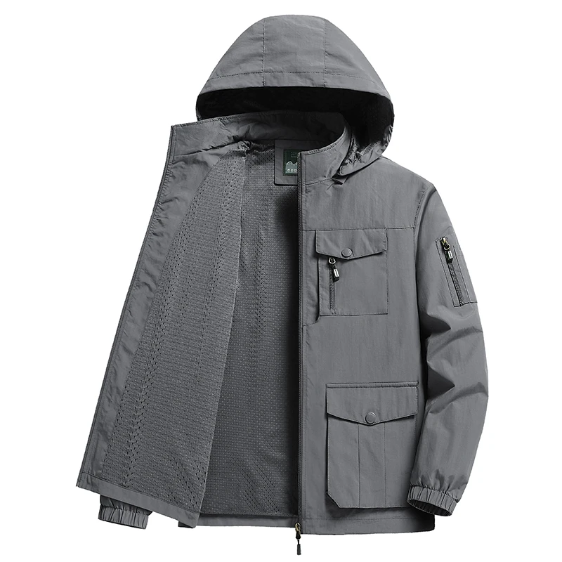 Wodoodporne z wieloma kieszeniami kurtki outdoorowe mężczyźni w kolorze Khaki zielone wiatrówki z kapturem zdejmowane płaszcze Plus rozmiar 6xl 7xl 8xl