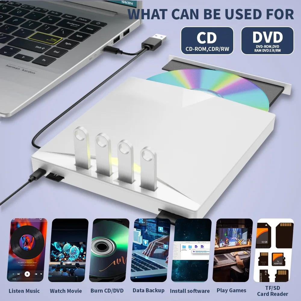 Unidad de CD DVD externa con 4 puertos USB y 2 ranuras para tarjetas TF/SD, USB 3.0 Unidad de disco de CD/DVD portátil Lector de grabadora Escritor