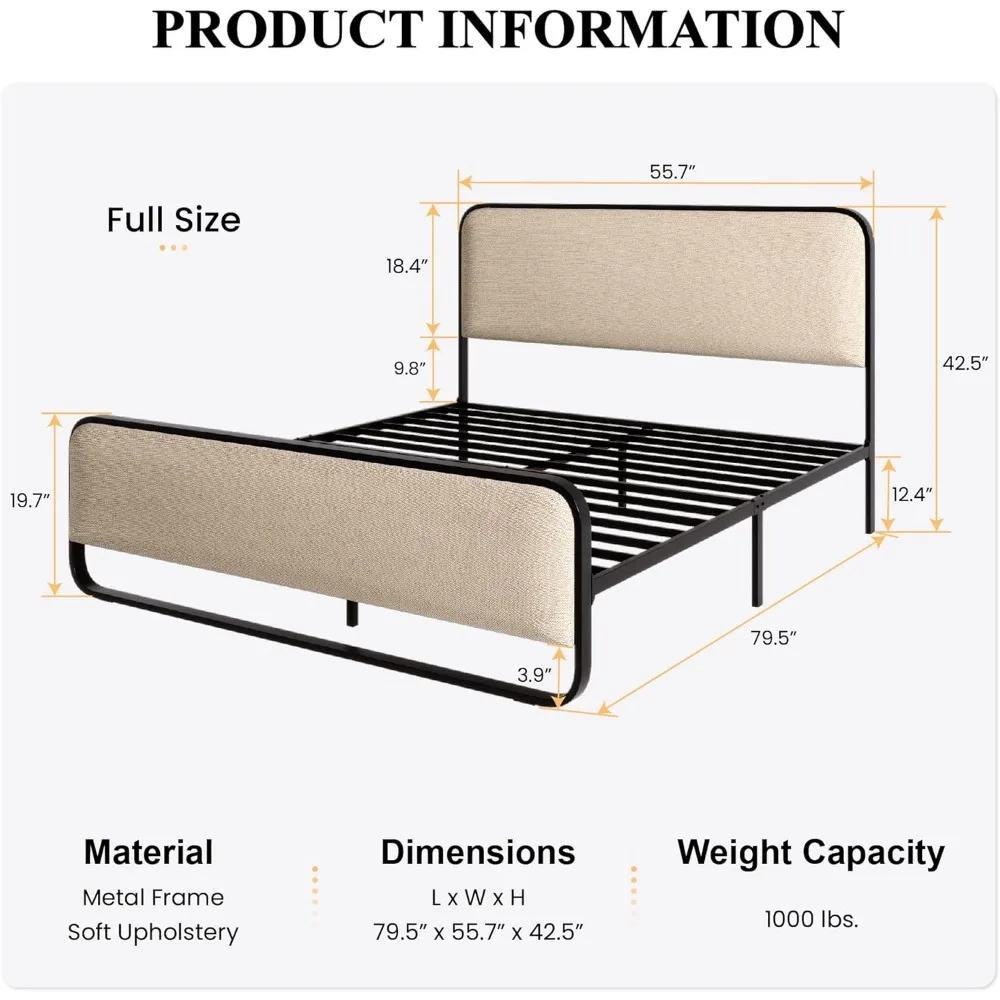 Estrutura de cama de metal com cabeceira acolchoada curvada, plataforma de tamanho completo, função de armazenamento