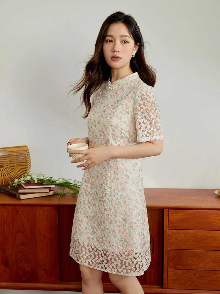 DUSHU New Chinese Style Women Improved Cheongsam Dress Floral Knee-Length A-LINE Skirt Stand Collar Design Women Summer Dresses