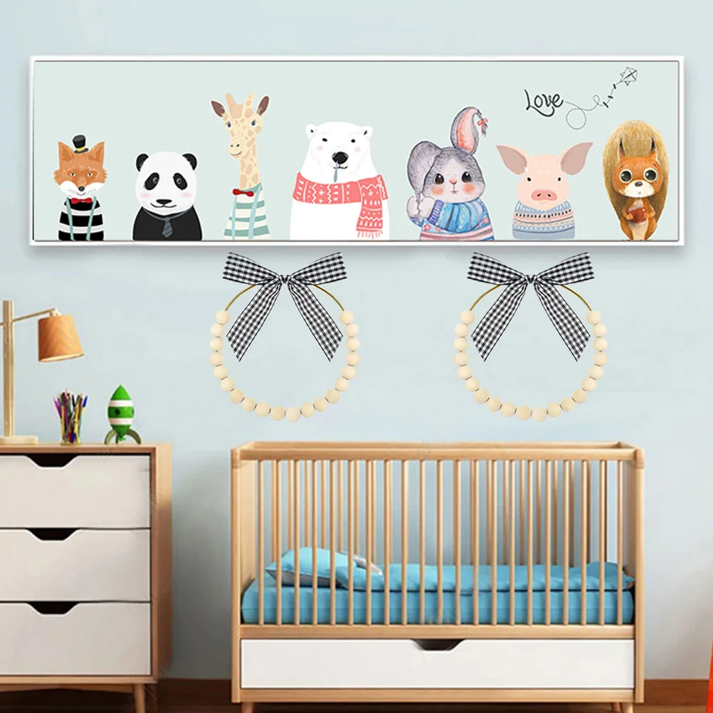 

Wood Beads Wreath Rustic Hanging Door Sign Plaid Bow Design Front Door Decor Beaded Garland Wall Hanging for Home