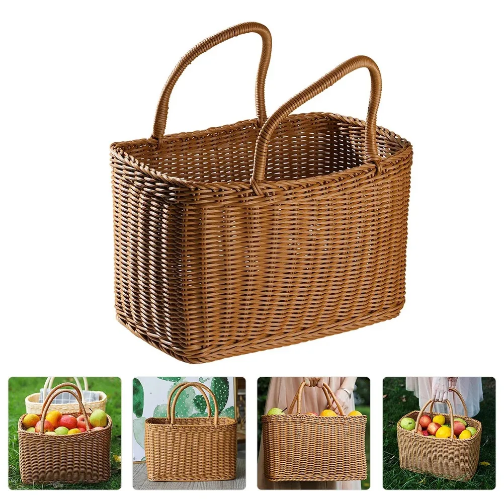 

Basket Woven Wicker Storage Baskets Bag Picnic Rattan Flower Beach with Handle Straw Market Fruit Tote for Gift Hand Shopping