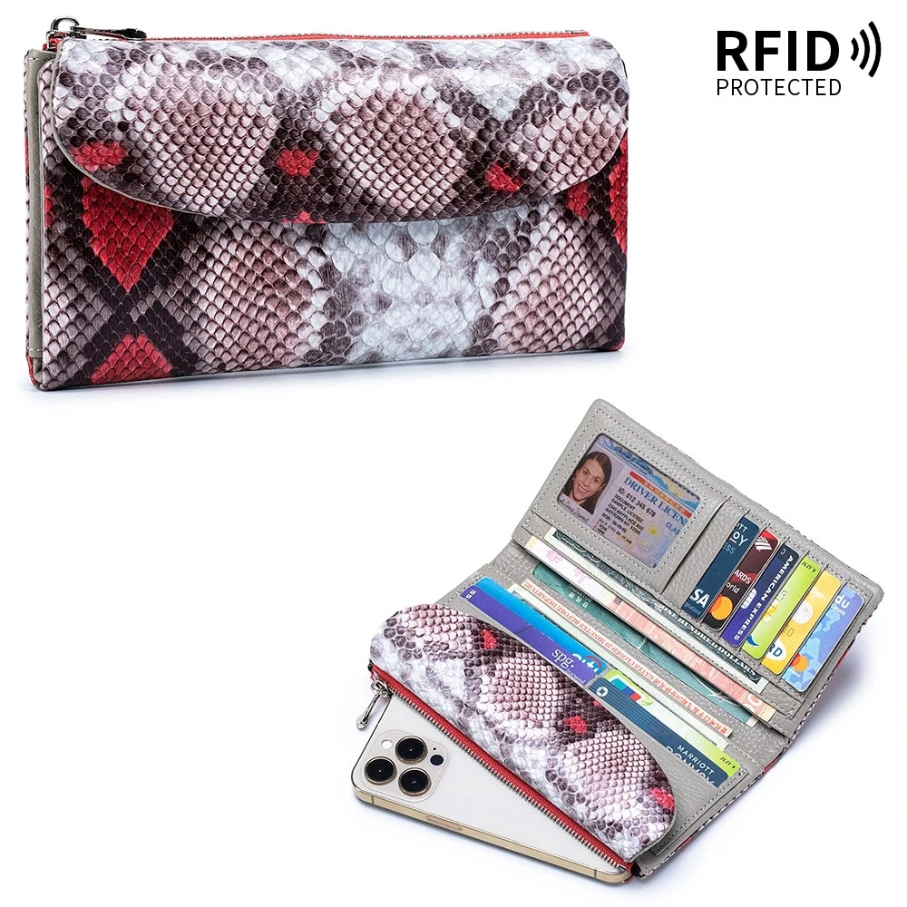 

RFID-держатель для карт, кошелек из натуральной кожи, мягкий кошелек из натуральной коровьей кожи, женский кошелек 2026, новый клатч из воловьей кожи со змеиным узором и коробкой