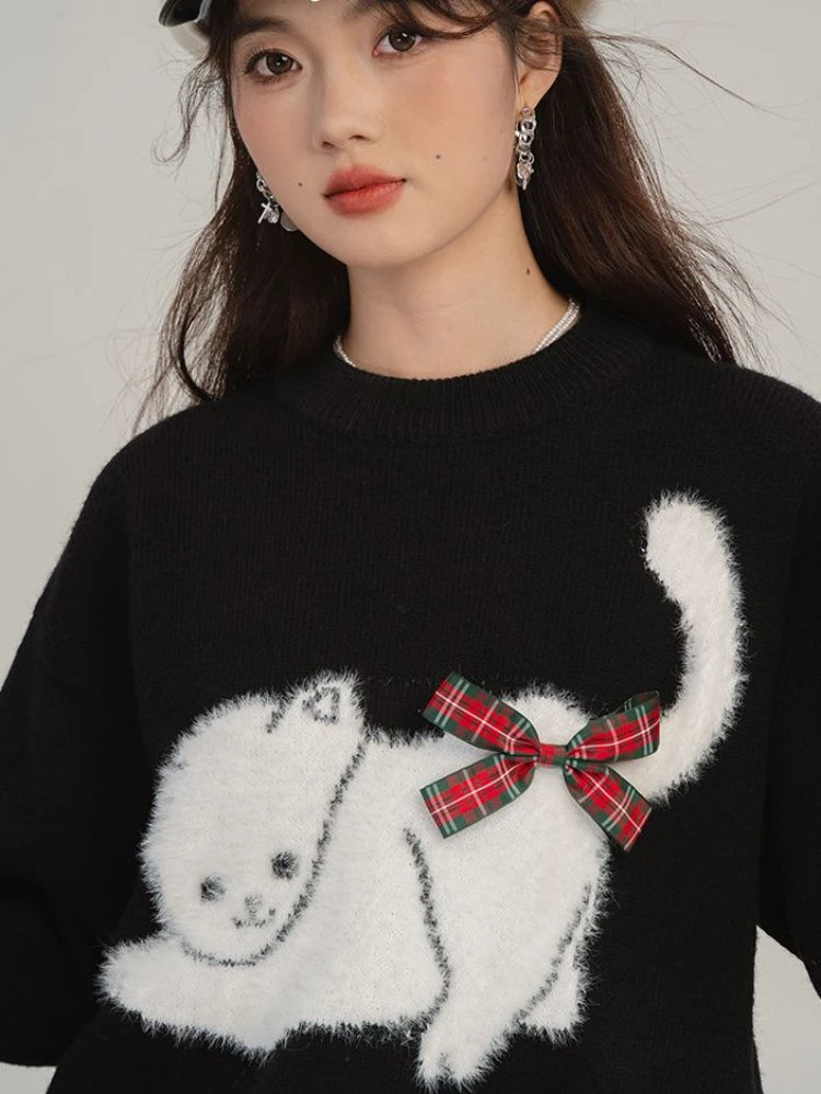 Deeptown Korean Fashion Y2k Kawaii Kitty Print Sweater Cashmere Knitted Streetwear Female Top Autumn Winter Christmas Clothes