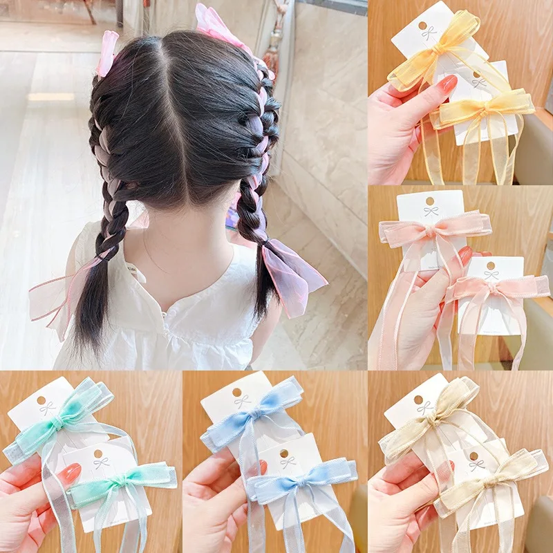 2022 Korean Sweet Bows Hair Clips For Girls Baby Accessories Summer Side Braided Mesh Hairpins Headbands Barrettes