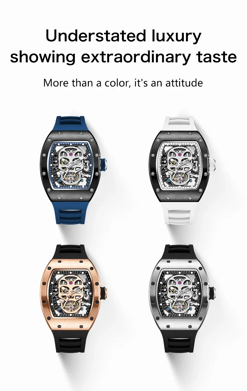 

Men's 2026 Automatic Watch Mechanical Movement Waterproof Tonneau Wristwatch with Silicon Strap Sports Casual Hollow Design
