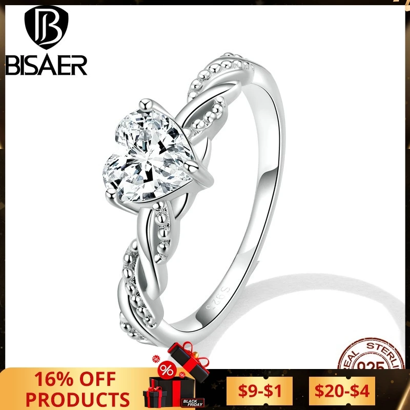 BISAER 925 Sterling Silver Ring Heart Romantic Zircon Plated Platinum For Women Wedding Promise Statement Rings Fine Jewelry