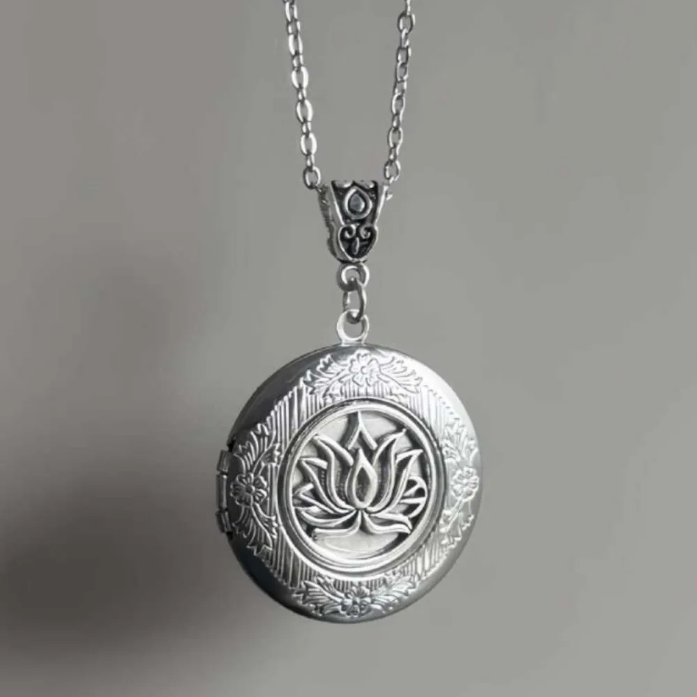 Creative Retro Silver Color Lotus Flower Relief Circular Photo Box Pendant Necklace for Women Fashion Stainless Steel Jewelry image 2