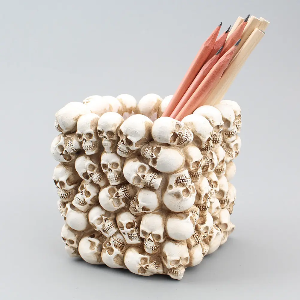 Small Square Skull Pen Holder Decorative Desk Organizer Pencil Holder Makeup Brush Bucket Multifunctional Desktop Storage