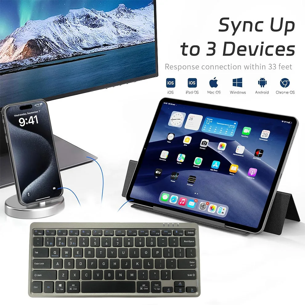 Teclado de viaje con soporte de cubierta plegable, compatibilidad multidispositivo para iPad,iOS,Android, teclado inalámbrico Bluetooth de Windows