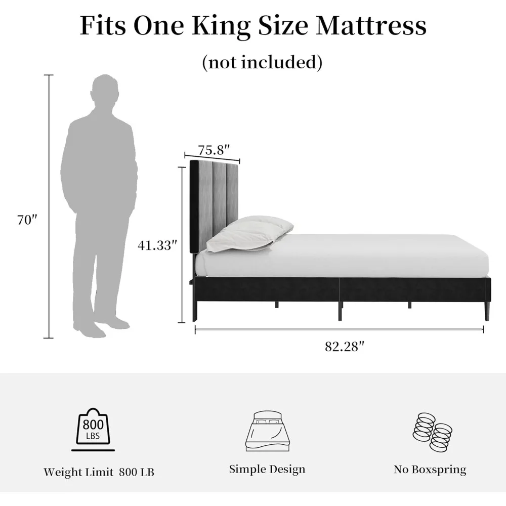 إطار سرير قوي بحجم كينغ مع لوح رأسي معنقدة عموديًا، لا يتطلب صندوق زنبركي، تجميع بسيط، نمط منصة