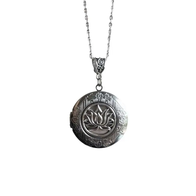 Stainless Steel Photo Frame Charm Necklace For Women Men Jewelry Gift Retro Lotus Flower Locket Pendant Openable Silver Color