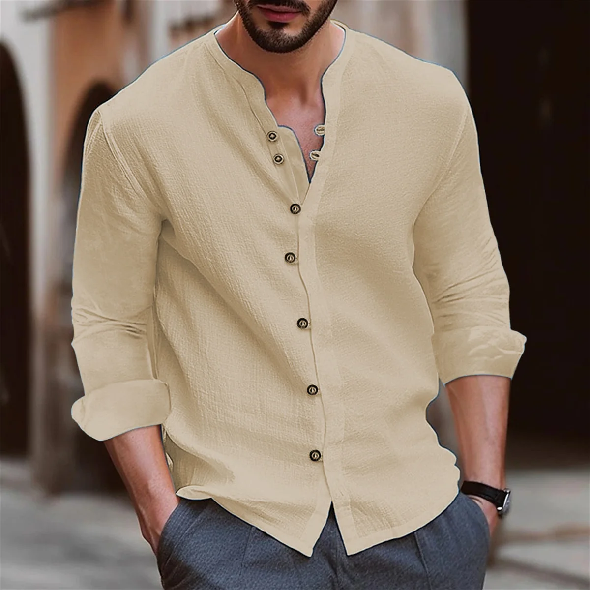 Men\'s Vintage Classic Cotton Hemp Stand Collar Casual Daily Shirt Solid Color Long Sleeve Top Spring and Autumn