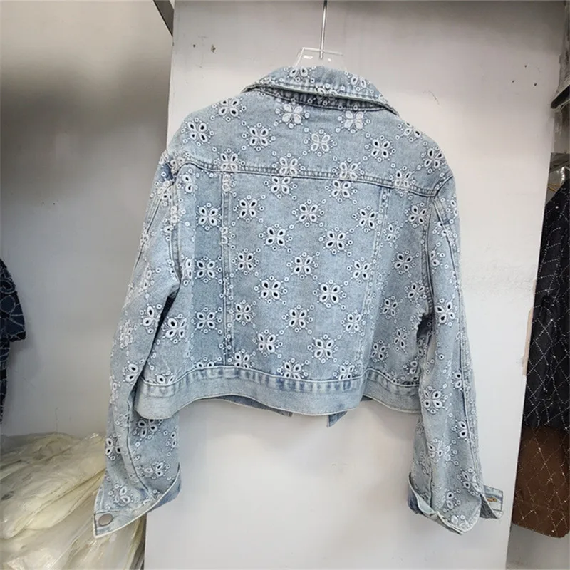Heavy Work Hollow Out Embroidery High Waist Short Denim Jacket Big Pocket Lapel Single-Breasted Long Sleeve Female Jeans Jackets