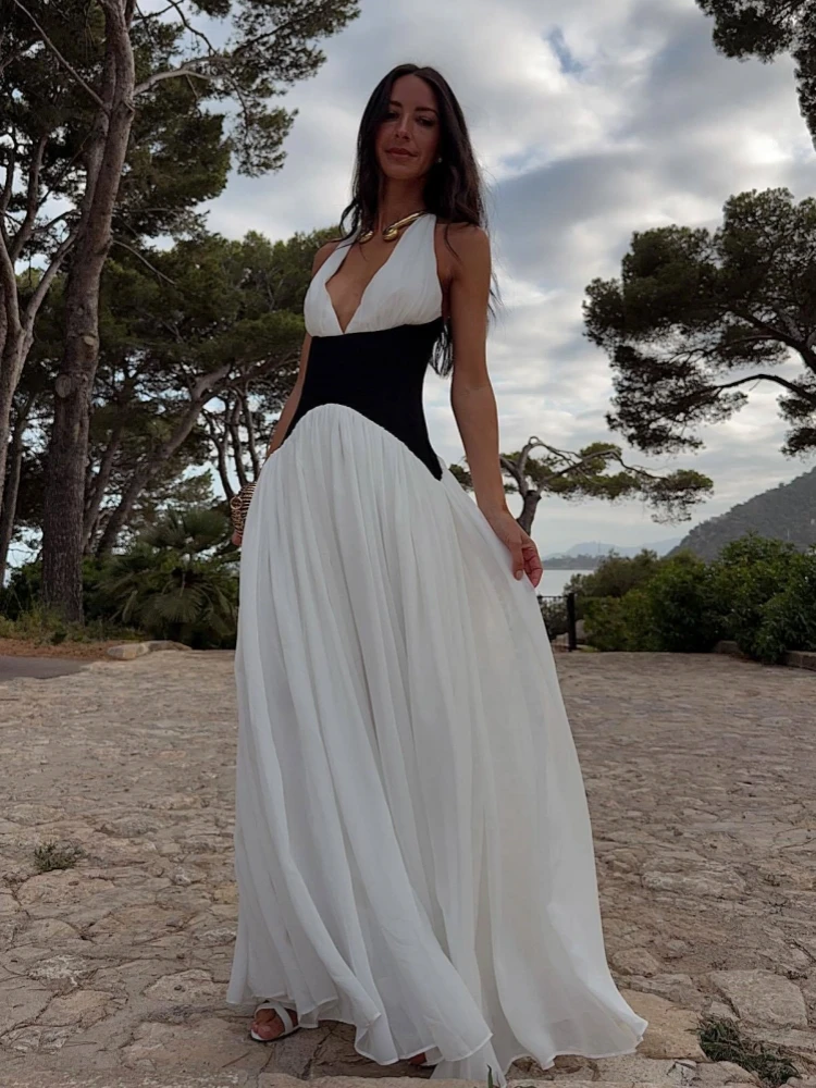 

Сексуальное лоскутное длинное платье с лямкой на шее и открытой спиной, женское элегантное тонкое платье без рукавов для подиума, вечерние платья макси знаменитостей