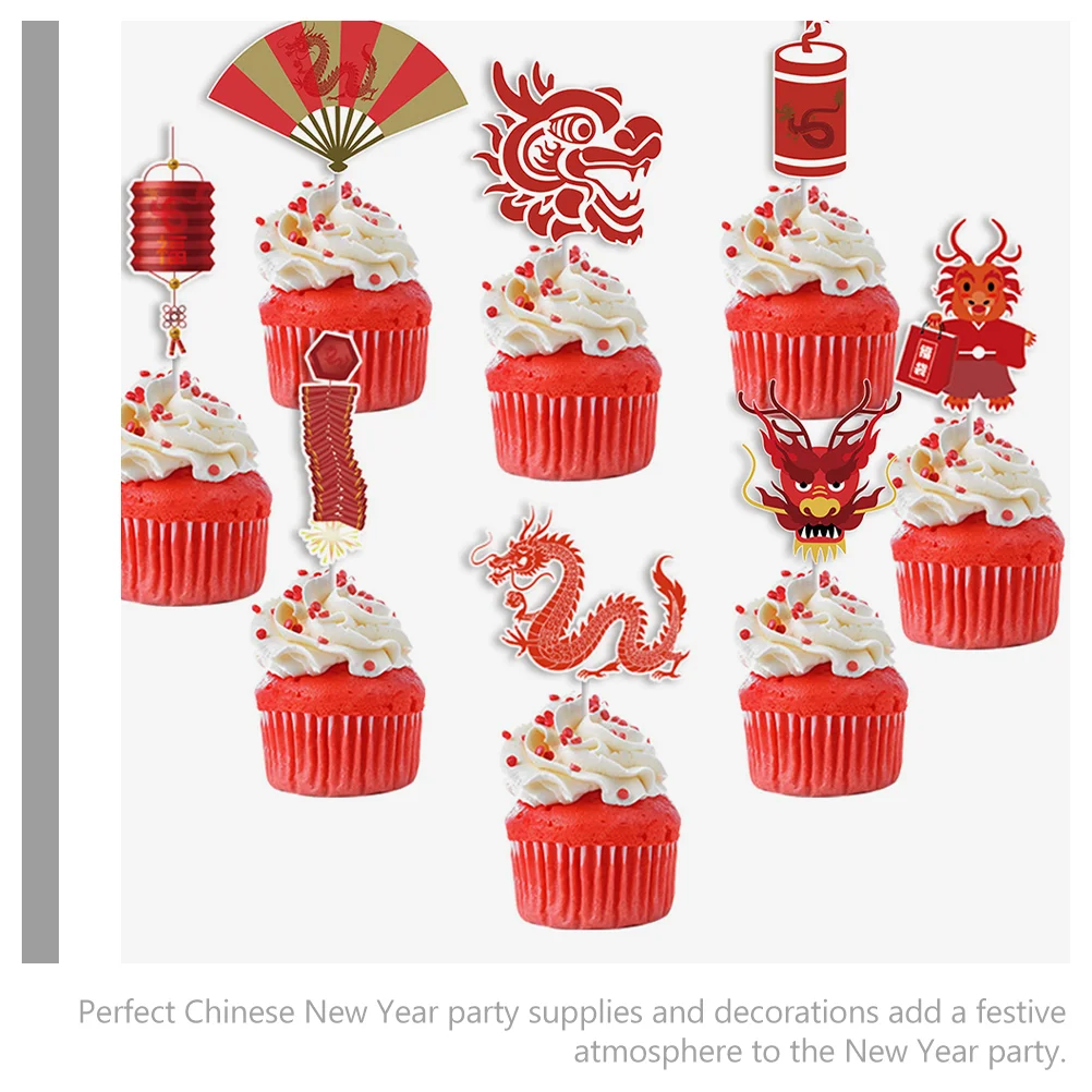 Chinese New Year Cupcake Toppers 24Pcs Dragon Cake Picks Toothpicks Spring Festival Party Supplies