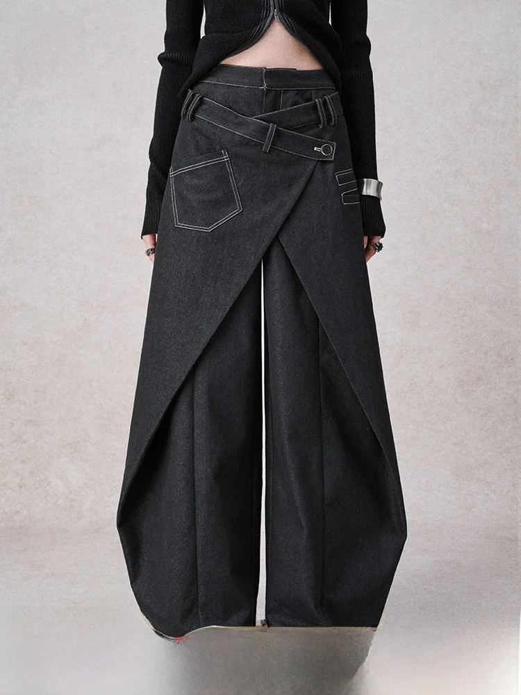 

Design Sensation Loose Wide Leg Jeans Women's Fake Two-Piece Knife Casual Cotton Stretch Denim High Waist Zipper Fly