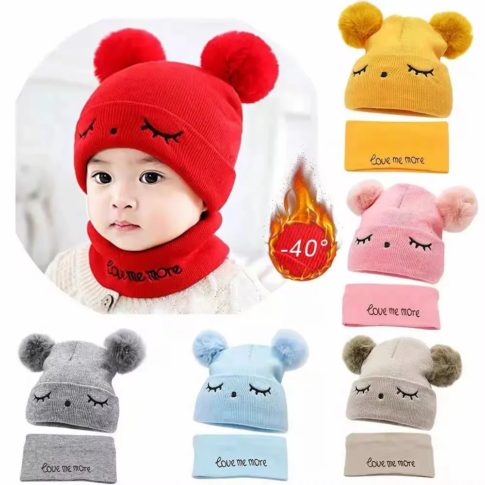 Cute Cotton Wool Knitted Bonnet Pompom Solid Color Winter Hat 2-piece Set Beanie Warm Beanie Cap