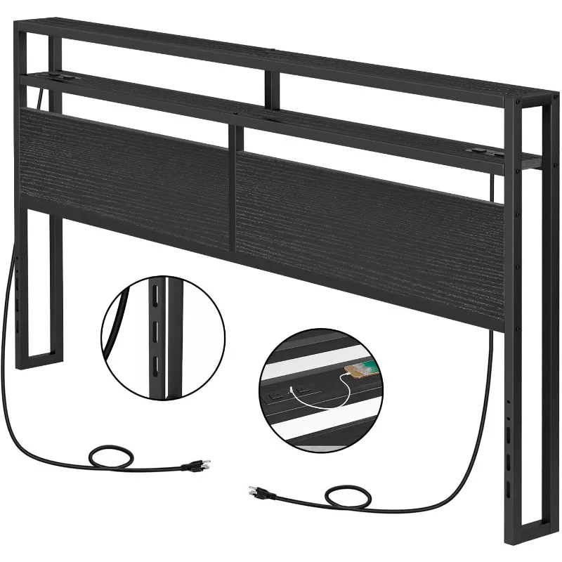 

Headboard for King Size, Storage Headboard with 2 Outlets and 4 USB Ports, Head Board with Storage Shelf, Height Adjustable