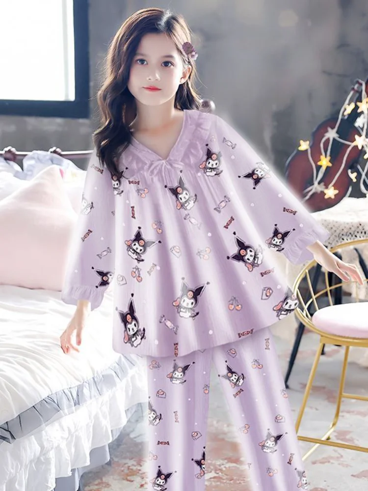 سانريو بنات كم طويل 2 قطعة Kuromi بنات نمط جديد بنطلون سينامورول الأطفال القطن منامة الطازجة الكرتون ارتداء في الهواء الطلق