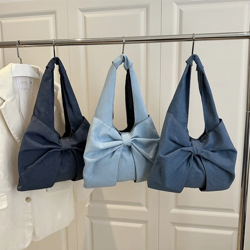 

Women's Shoulder Bags Korean Large Bow Exquisite Sweet Fashionable Simple Versatile Denim Handbags High Capacity Shoulder Bags
