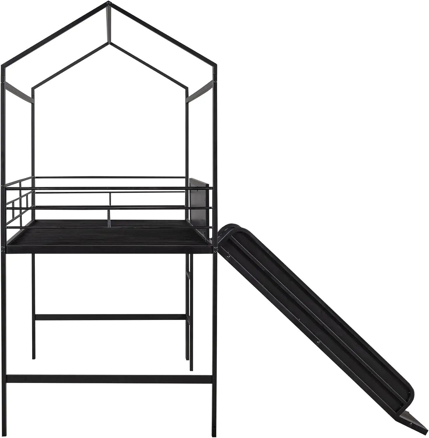 Tempat tidur rumah logam dengan Slide, ukuran ganda tempat tidur loteng logam anak-anak dengan papan kayu dapat ditulis dua sisi, Ideal untuk kamar tidur anak-anak, HITAM