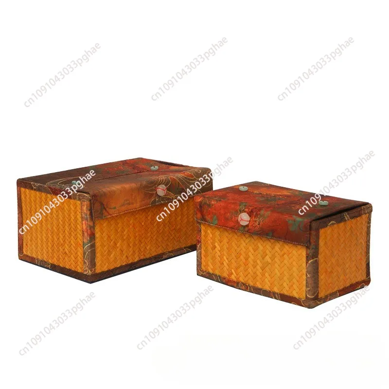 

Handmade bamboo tissue box, satin printed fabric drawing carton, Chinese tea table ornament