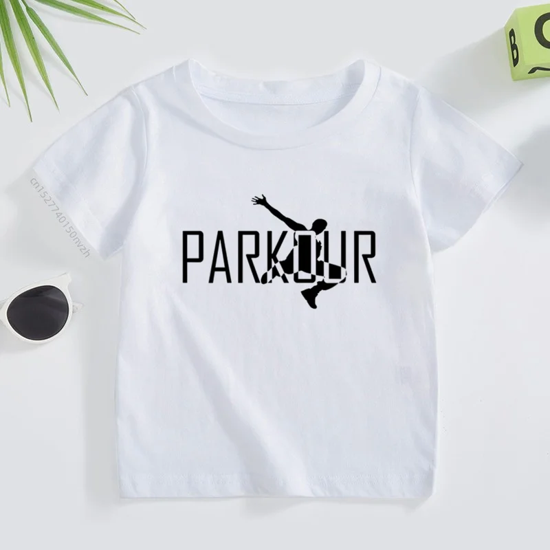 Kids Parkour Design T Shirt Boys/Girls Great Kawaii Short Sleeve Tops Children\'s Funny White T-Shirt