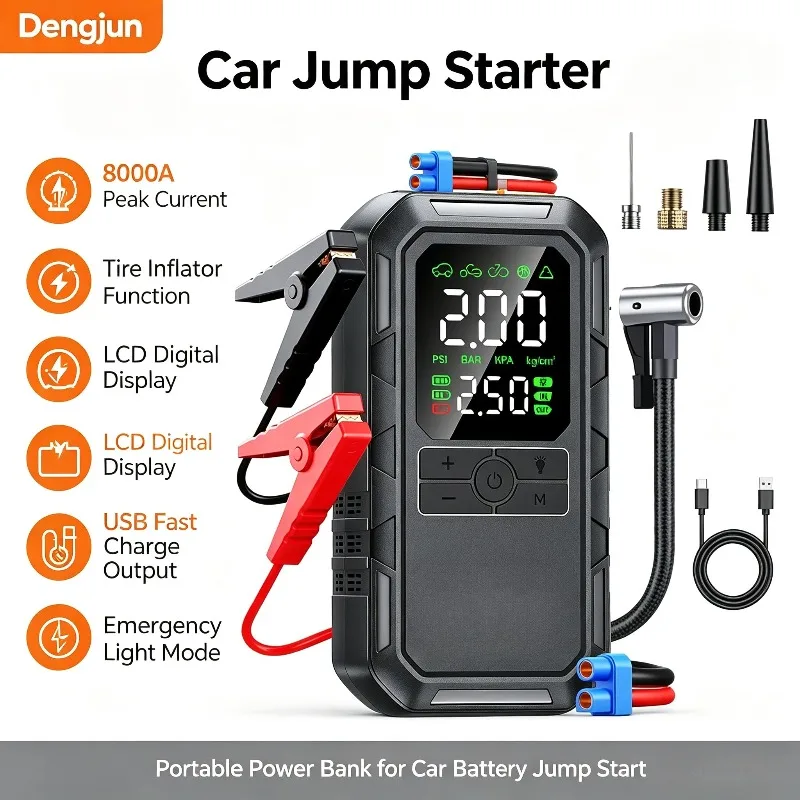 4‑IN‑1 Portable Car Jump Starter 8000A Peak Smart Auto Battery Booster with Air Compressor Tire Inflator Emergency Power Bank