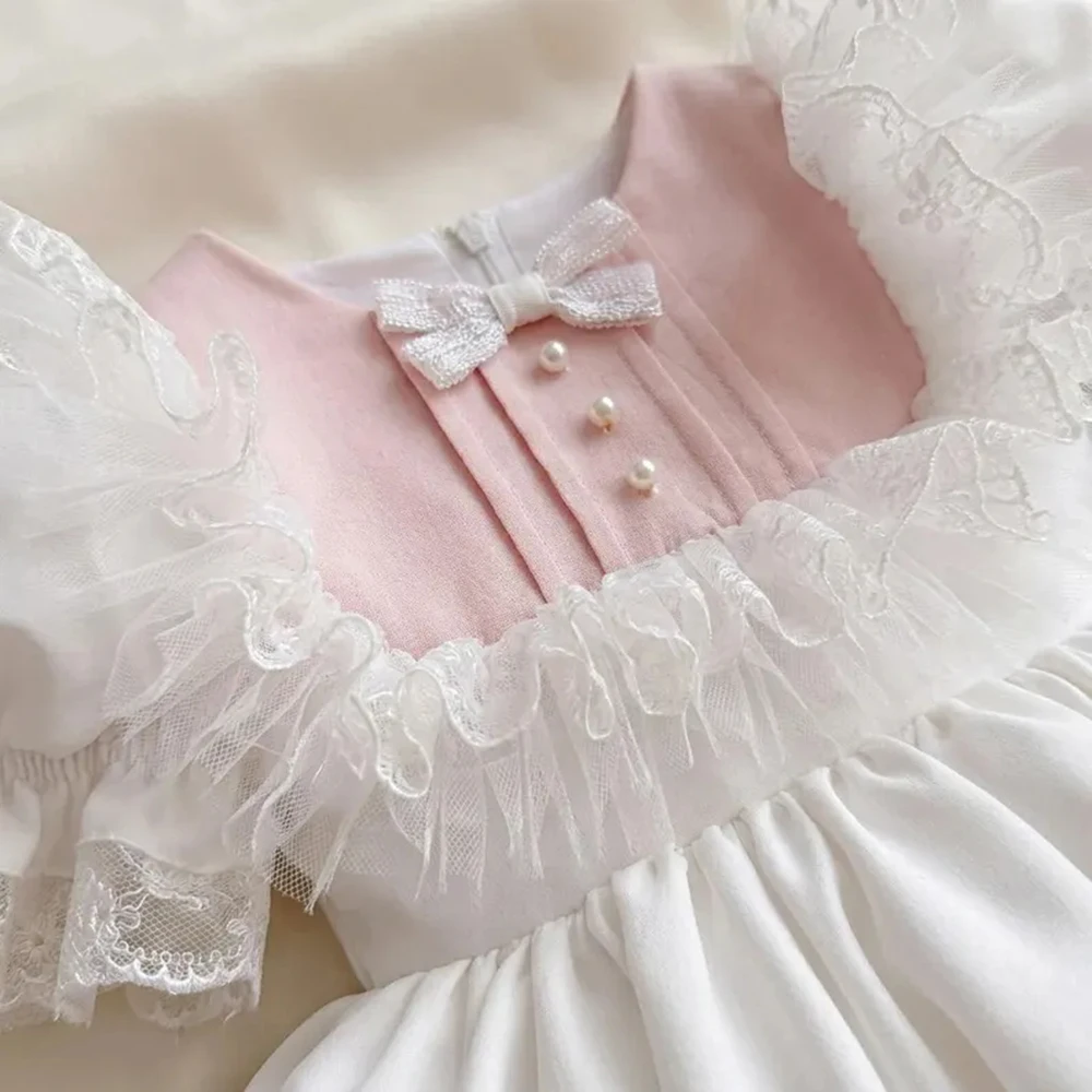 Summer Baby Girl Sweet Flower Embroidered Lace Pink White Puffy Dress For Casual Party Birthday Wedding Photography
