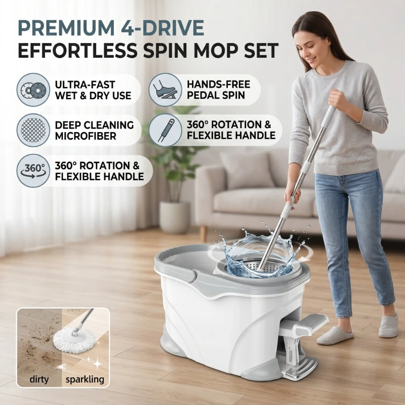 Juego de Mopa Giratoria de 4 Piezas con Pedal, Mango de Acero Inoxidable Resistente, Cabezal de Mopa y Cubo Práctico para Limpieza del Hogar y de Pisos