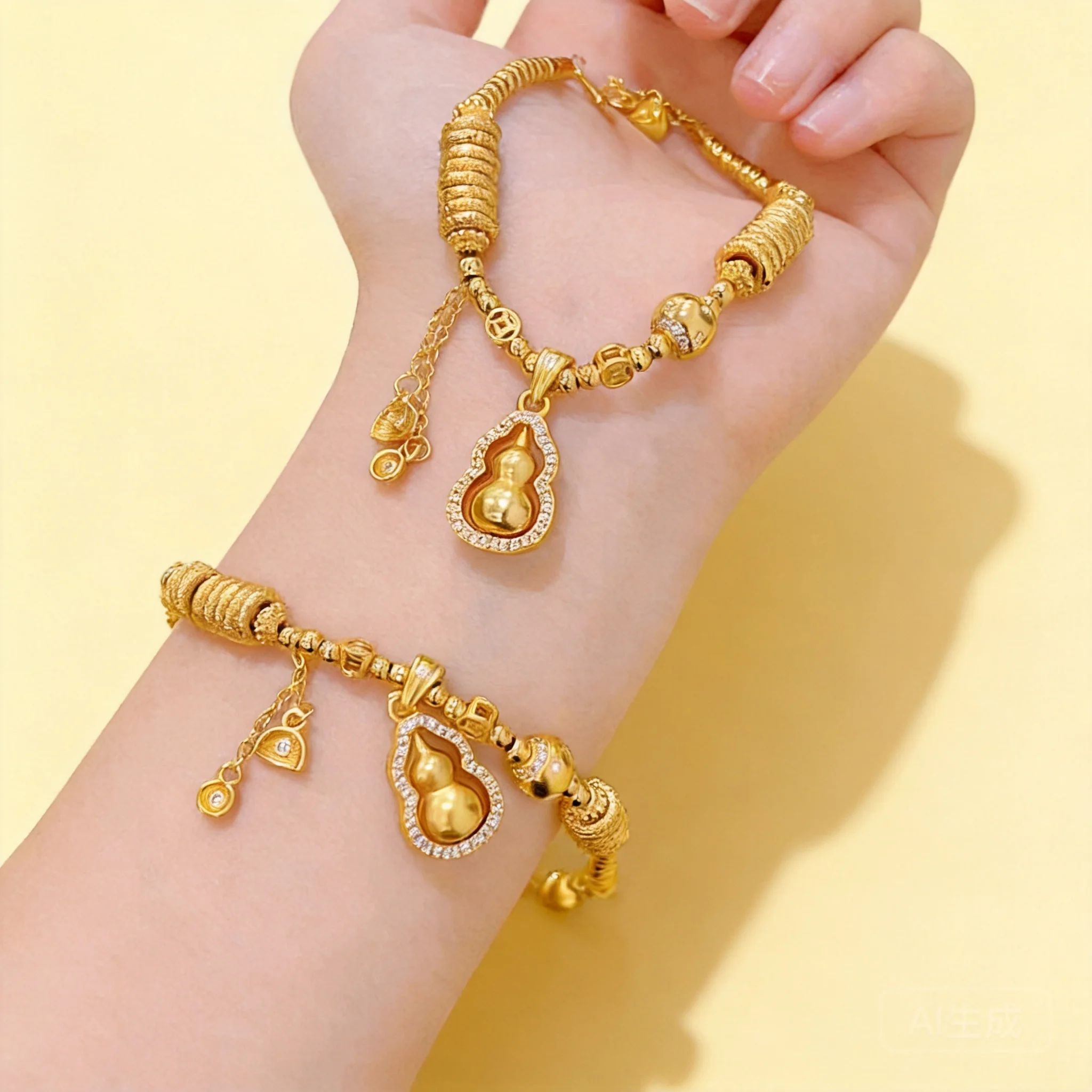 

24k Real Gold Plated Traditional Chinese Feng Shui Lucky Gourd Bracelet Cubic Zirconia Inlaid Wealth Blessing Adjustable Jewelry