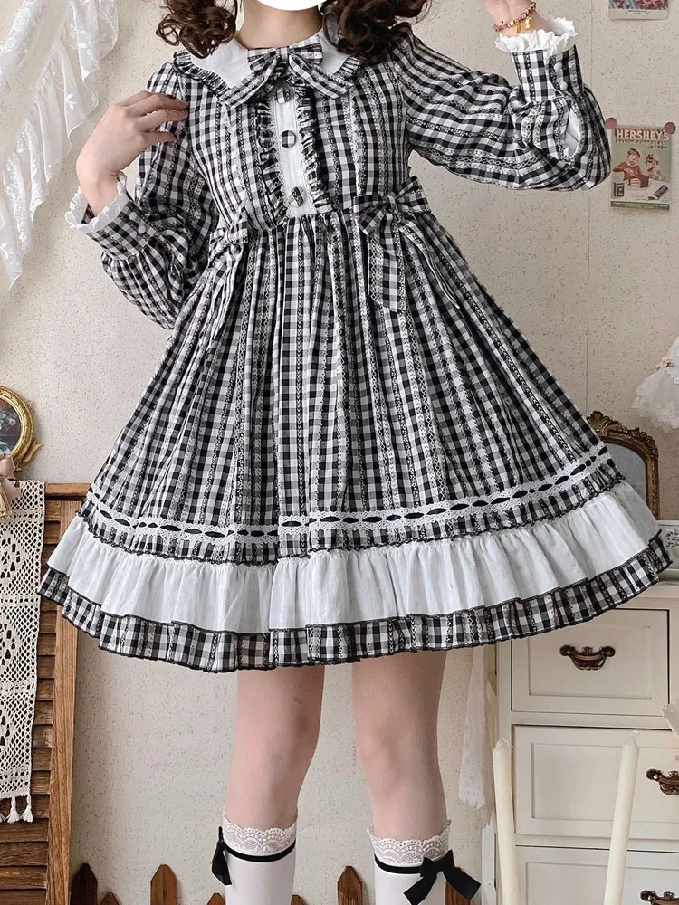 Sweet Kawaii Lolita Women Dress Autumn Chic Princess Cotton Plaid Op Dresses Peter Pan Collar Ruffle Cute Dresses Female 2022e