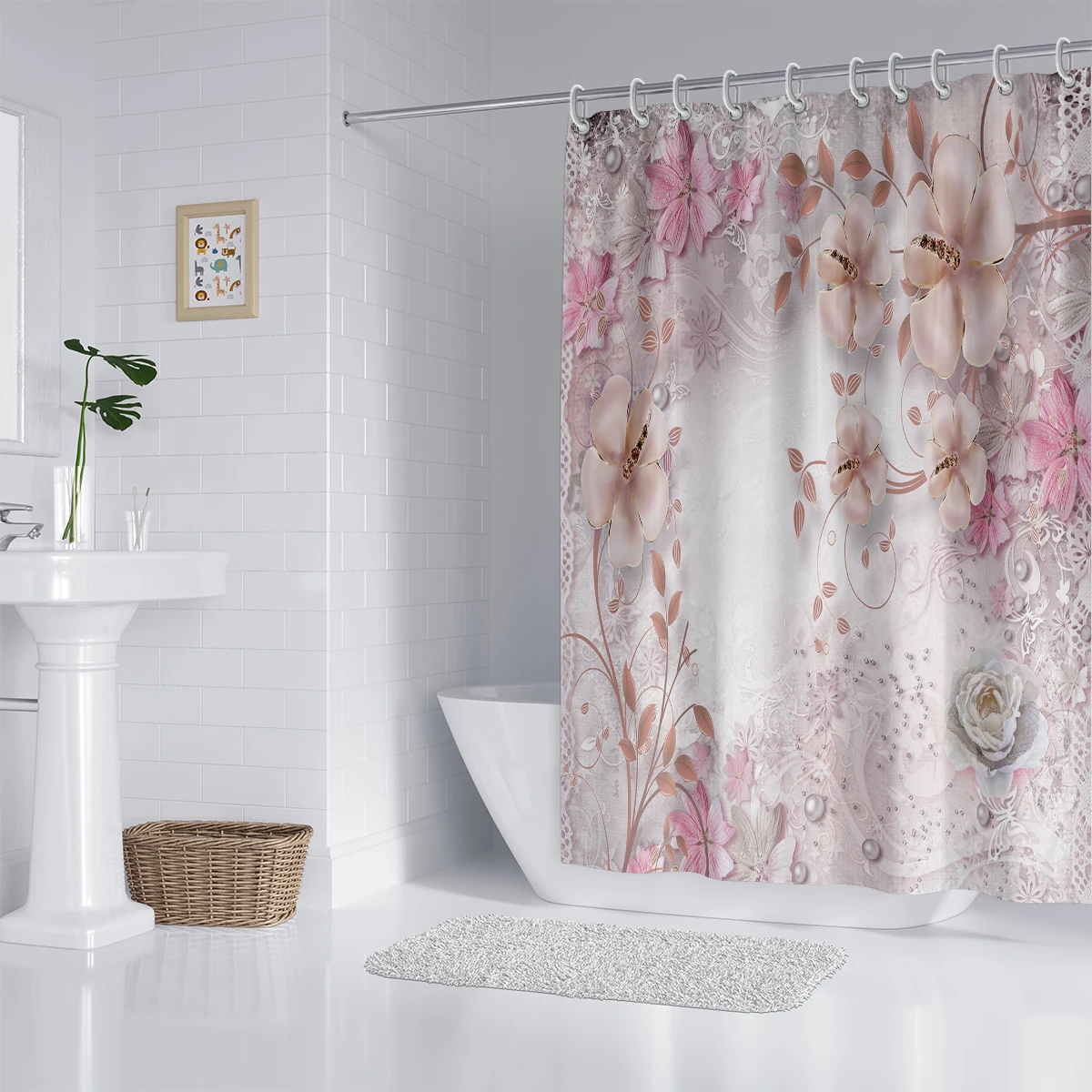 1PC Pink lace flowers printed shower curtain, waterproof, washable, with 12 hooks, bathroom shower, home use