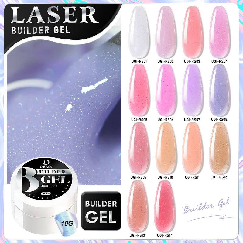 DEROI Natural Pink Purple Laser Builder Nail Jelly Extension Gel Manicure Sparkling Hard Self Leveling Glitter Gel Polish 10ml