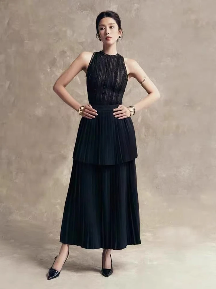 

Elegant Solid Casual Skirt Outfit Spring Women Sleeveless Lace Vest Top+High Waist Slim Pleated Half Skirt Summer Two Piece Set