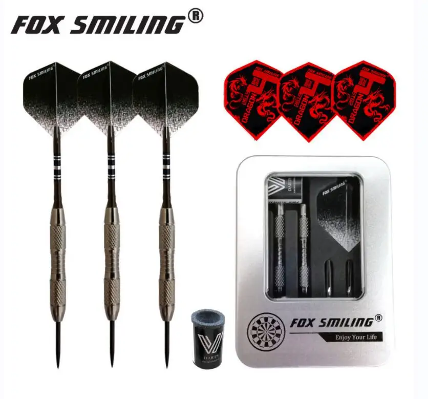 Fox Smiling 3pcs 20/23g Steel Tip Darts With High Grade Iron Case Box Package (Gift: 3PCS Flights + 1PCS Sharpener Stone)