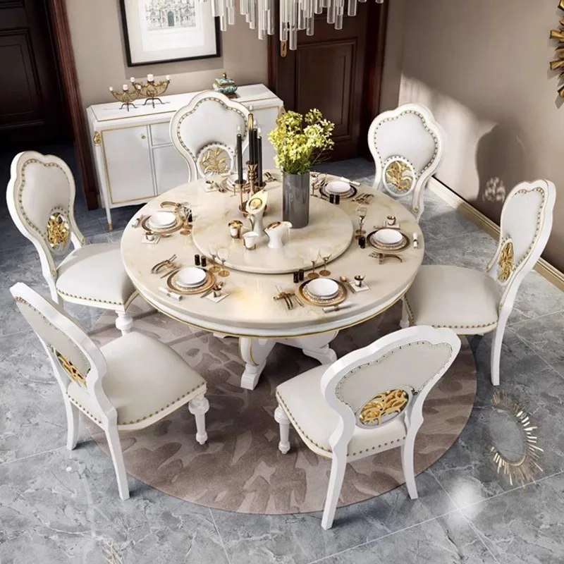 American light luxury solid wood dining table and chairs, high-end round table and 6 chairs in small and medium-sized restaurant